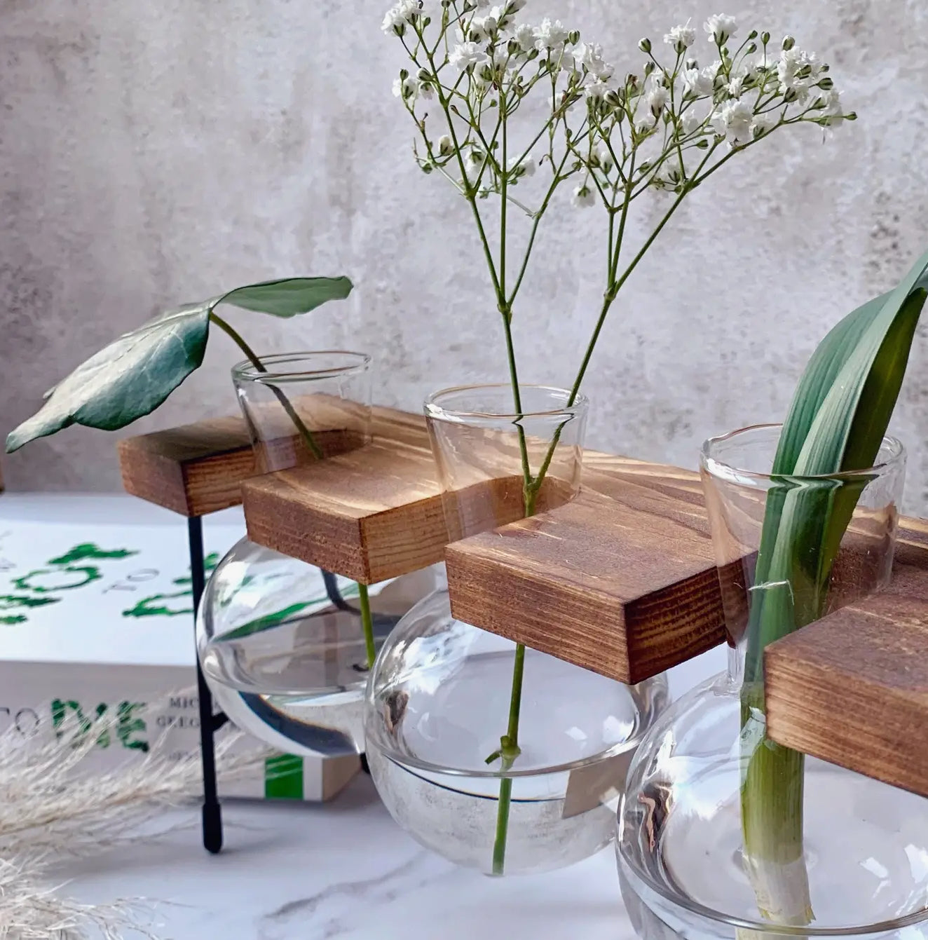 Three Glass Bulb vase with Wooden Stand
