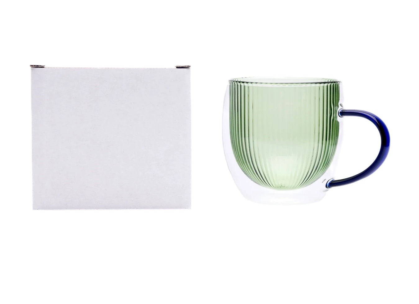 Double walled glass mug: green with blue handle