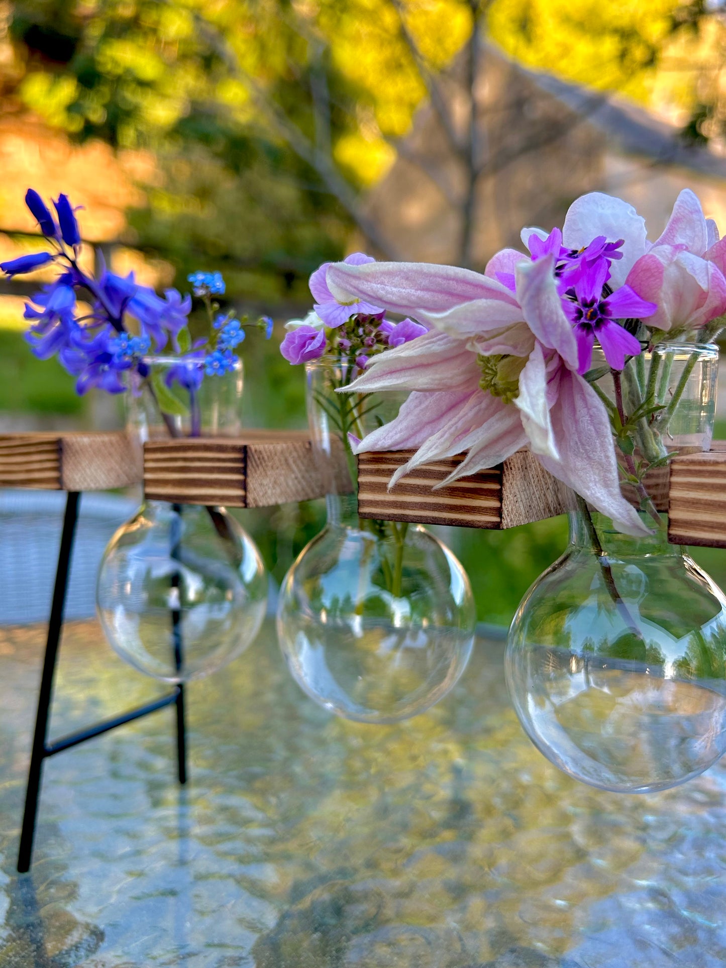 Three Glass Bulb vase with Wooden Stand