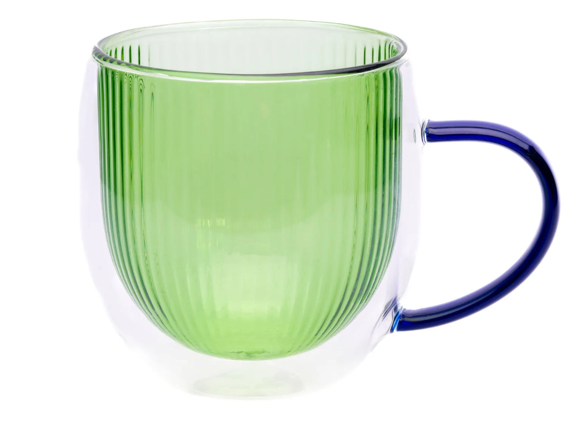 Double walled glass mug: green with blue handle